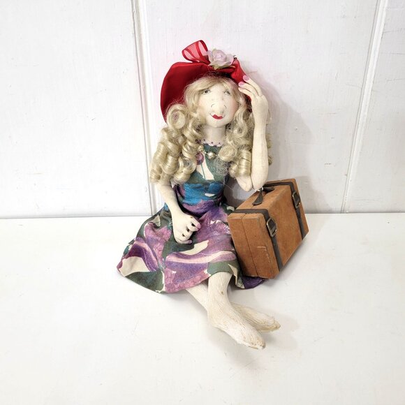 Handmade Fabric Artist Doll With Curly Hair & Red Hat Holding Suitcase - Picture 8 of 8